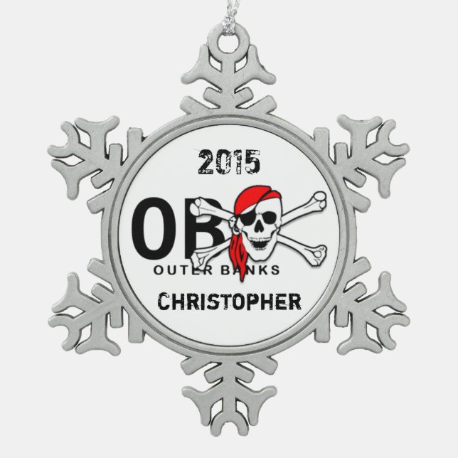 Personalisierter OBX-Skull-Crossbones-Pirat Schneeflocken Zinn-Ornament (Vorderseite)