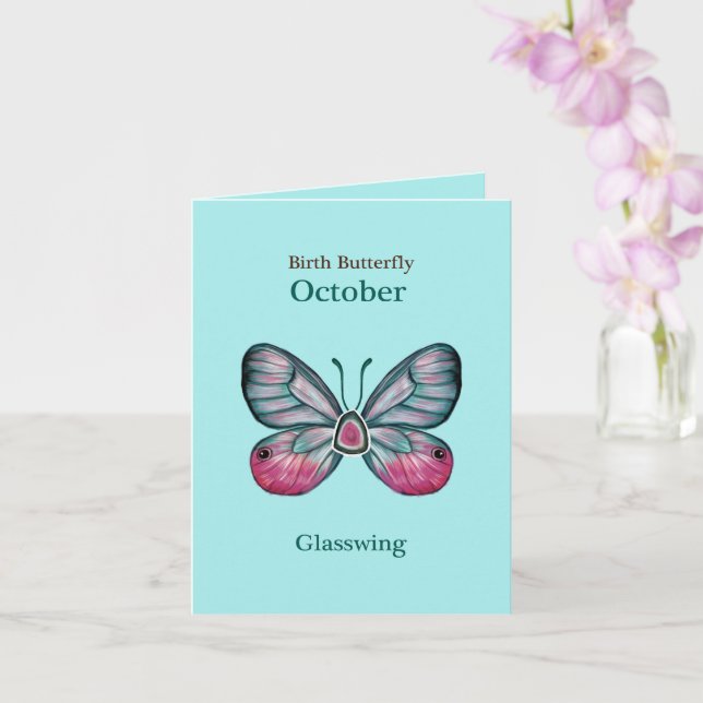 Personalisierter Oktober Aquamarin Glasswing Butte Karte (Orchidee)