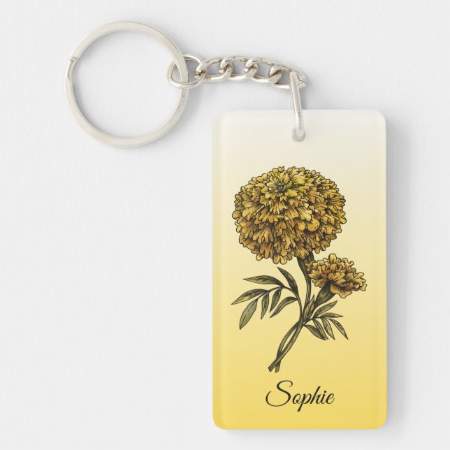 Personalisierter Oktober Birth Blume Marigold Schlüsselanhänger (Vorderseite)