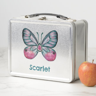 Personalisierter Oktober Pink Glasswing Butterfly Metall Brotdose