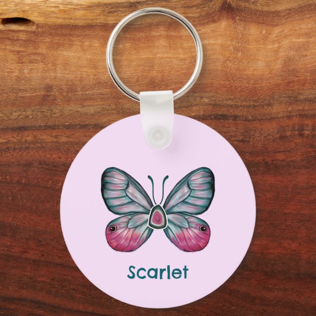 Personalisierter Oktober Pink Glasswing Butterfly  Schlüsselanhänger (Vorderseite)