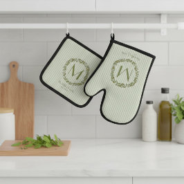 Personalisierter Olivenkranz-Monogramm Ofenhandschuh & Topflappen-Set