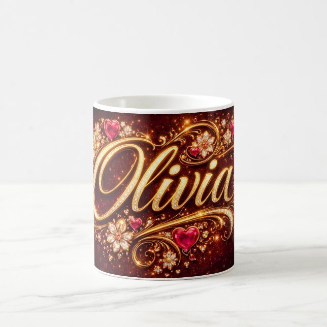 Personalisierter Olivia-Mug Rosa Herzen Gold Roman Kaffeetasse (Mittel)