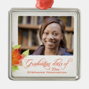 Personalisierter orange BlumenFoto-Abschluss Silbernes Ornament