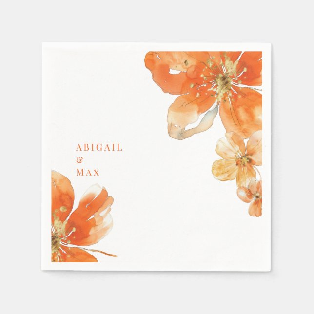 Personalisierter Orange Floral Wedding Cocktail Serviette (Vorderseite)