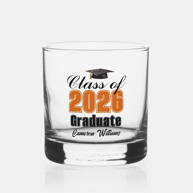 Personalisierter orange-schwarzer Abschluss Klasse Whiskyglas (Vorderseite)