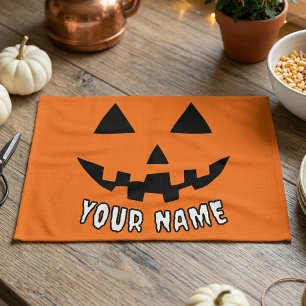 Personalisierter orangefarbener Kürbis Halloween I Geschirrtuch