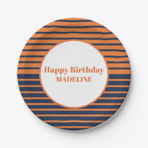 Personalisierter orangefarbener navyblauer gestrei pappteller