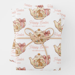 Personalisierter Osterhasen-Teekannen-Blumenstrauß Geschenkpapier Set