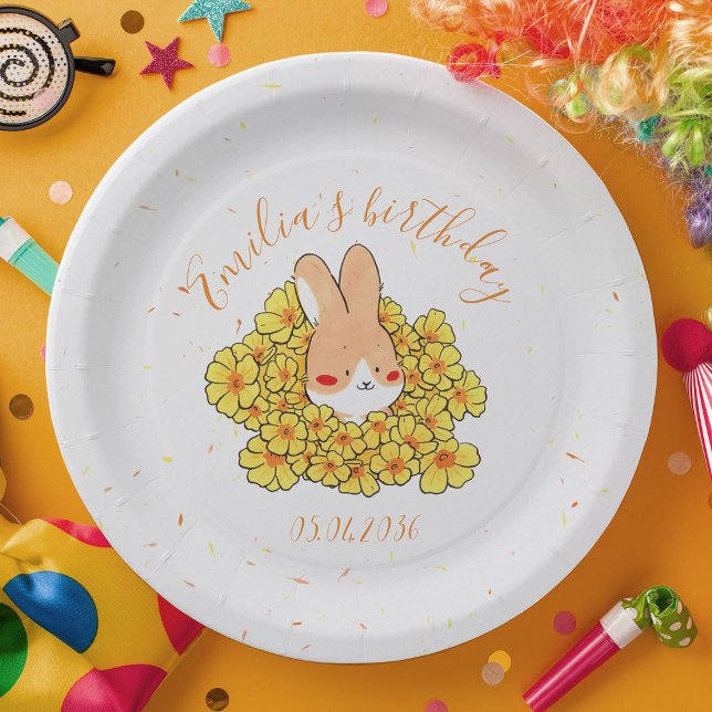 Personalisierter Pappteller zum Geburtstag des Has (Assiette carton personnalisé anniversaire Lapin fleurs élégantes jaune)