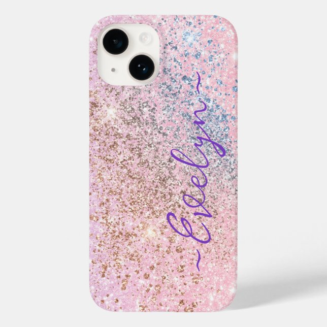 Personalisierter pastellrosa Glitzer Case-Mate iPhone 14 Hülle (Rückseite)