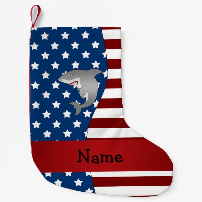 Personalisierter patriotischer Namenshaifisch Kleiner Weihnachtsstrumpf (Vorderseite)