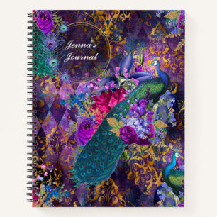 Personalisierter Pfau und Blume auf Lila Notizbuch