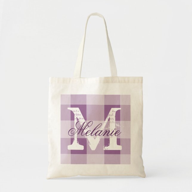 Personalisierter Pflaumengingham Monogramm Totbeut Tragetasche (Vorne)