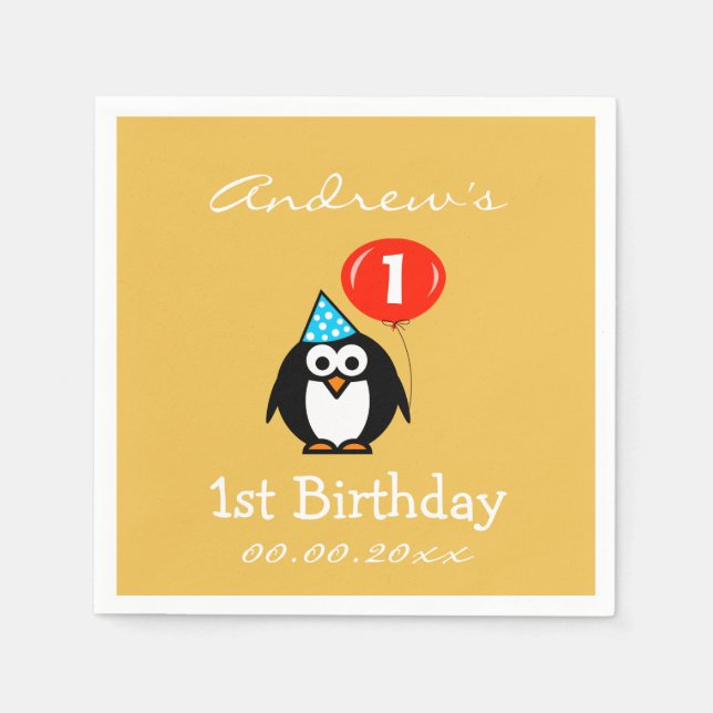 Personalisierter Pinguin 1. Geburtstag Party Servi Serviette (Vorderseite)