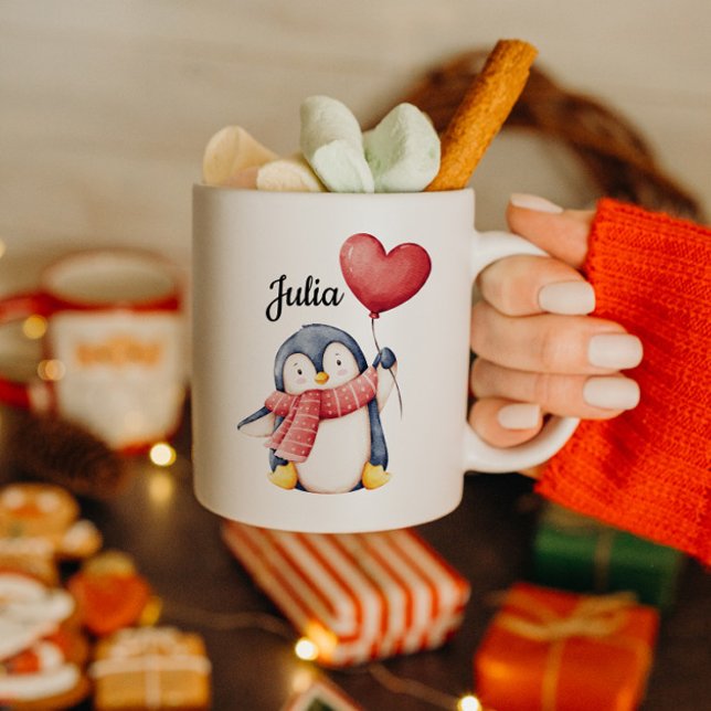 Personalisierter Pinguin-Becher mit Herzballon Kaffeetasse (Von Creator hochgeladen)