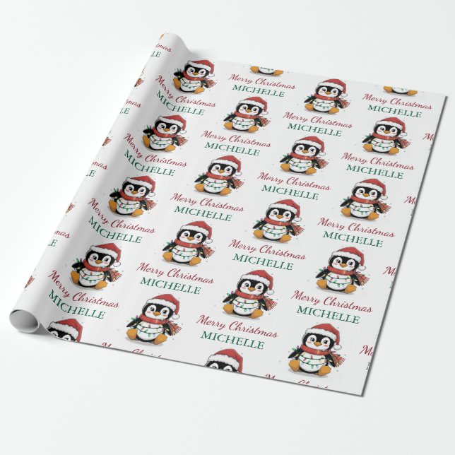Personalisierter Pinguin in der Weihnachtsmannmütz Geschenkpapier (Ungerollt)
