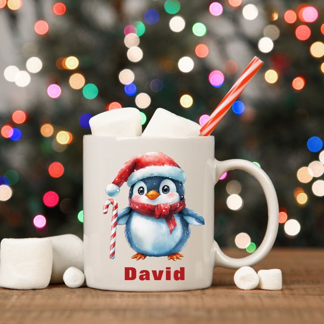 Personalisierter Pinguin mit Candy Cane Individuel Kaffeetasse (Personalized Penguin with Candy Cane Custom Name Coffee Mug
)