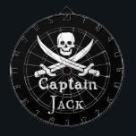 Personalisierter Piratenkapitän Dartscheibe<br><div class="desc">Avast,  ihr Schmierer! Schüttelt mir Holz,  beansprucht deinen Piratennamen Captain! Die klassische Piratenflagge ist für jeden Geschmack etwas dabei: einen Schädel und eine Kreuzblase. Savvy? Personalisieren Sie es mit Ihrem Namen oder geben Sie es als Geschenk.</div>
