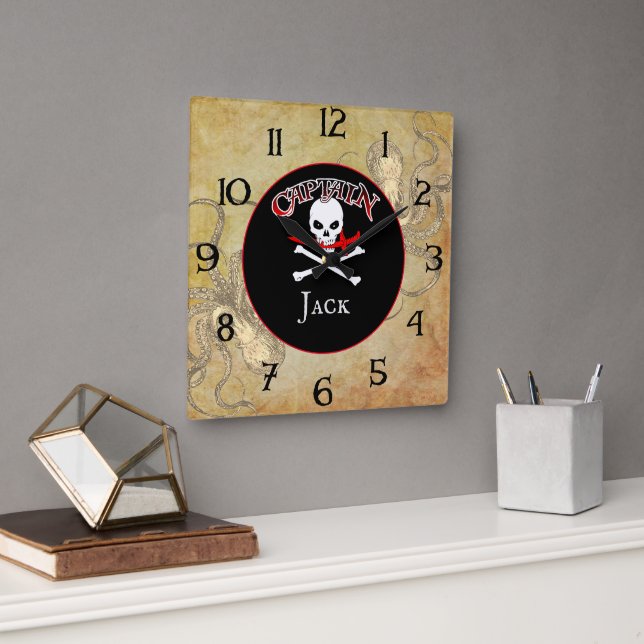 Personalisierter Piratenkapitän Quadratische Wanduhr (Büro)