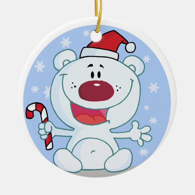 Personalisierter Polarbär mit Candy Cane Keramik Ornament (Vorne)