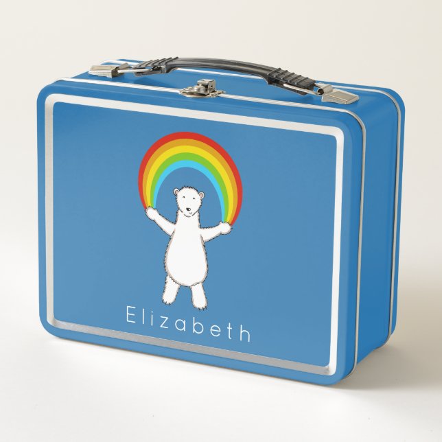 Personalisierter Polarbär und Regenbogen Metall Brotdose (Vorderseite)
