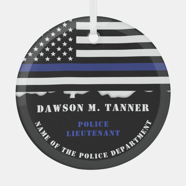 Personalisierter Polizeibeamter Thin Blue Line-Fla Ornament Aus Glas (Vorderseite)