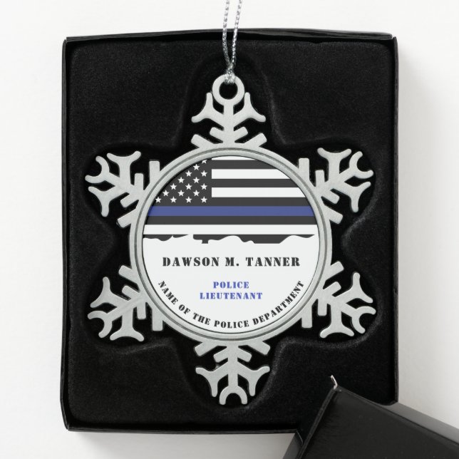 Personalisierter Polizeibeamter Thin Blue Line-Fla Schneeflocken Zinn-Ornament (Box)