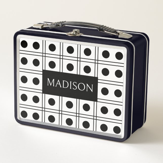 Personalisierter Polka Dot Black und White Checker Metall Brotdose (Vorderseite)