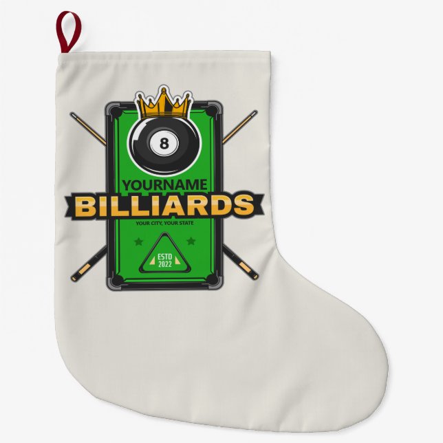 Personalisierter Pool Hall NAME 8 Ball Crown Billi Großer Weihnachtsstrumpf (Vorderseite)
