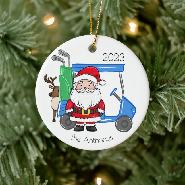 Personalisierter Preppy Golf Cart Santa Rentier Keramik Ornament (Baum)