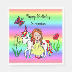 Personalisierter Prinzessin und Einhorn Regenbogen Serviette
