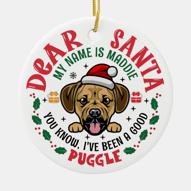 Personalisierter Puggle Dog Weihnachtsbaum Runde W Keramik Ornament (Vorne)