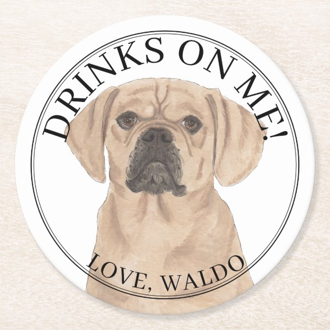 Personalisierter Puggle-Hund Hochzeit Runder Pappuntersetzer (Vorderseite)