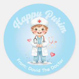 Personalisierter Purim-Aufkleber – Arzt-Thema Runder Aufkleber