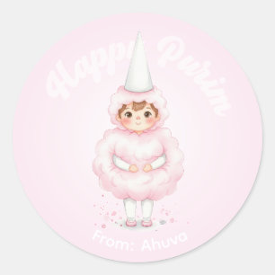 Personalisierter Purim-Aufkleber – Rosa Zuckerwatt Runder Aufkleber