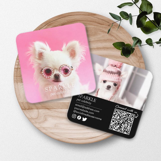 Personalisierter QR-Code für Hunde mit 2 Fotos Quadratische Visitenkarte (Von Creator hochgeladen)