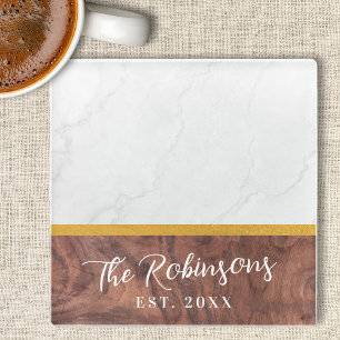 Personalisierter quadratischer Marmor Holz Nachnam Glasuntersetzer