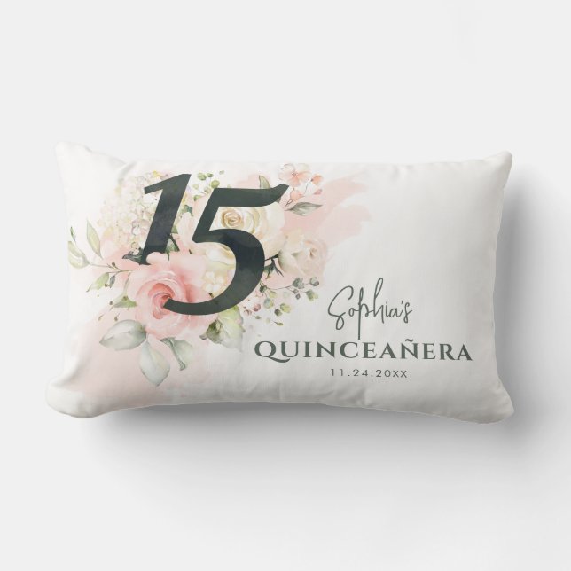 Personalisierter Quinceanera Pink Floral 15. Gebur Lendenkissen (Vorderseite)