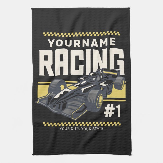 Personalisierter Racing Team Fast Race Car Treiber Geschirrtuch (Vertikal)