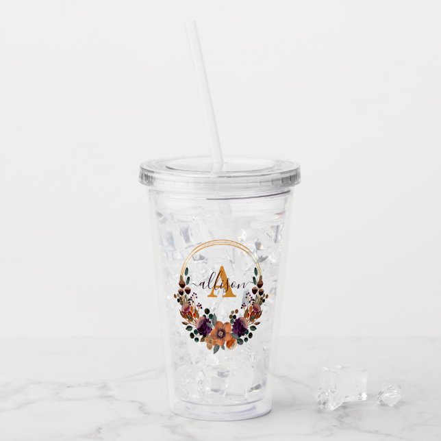 Personalisierter Rahmen aus Burgund und Goldflora Acryltrinkbecher (Vorderseite Ice)