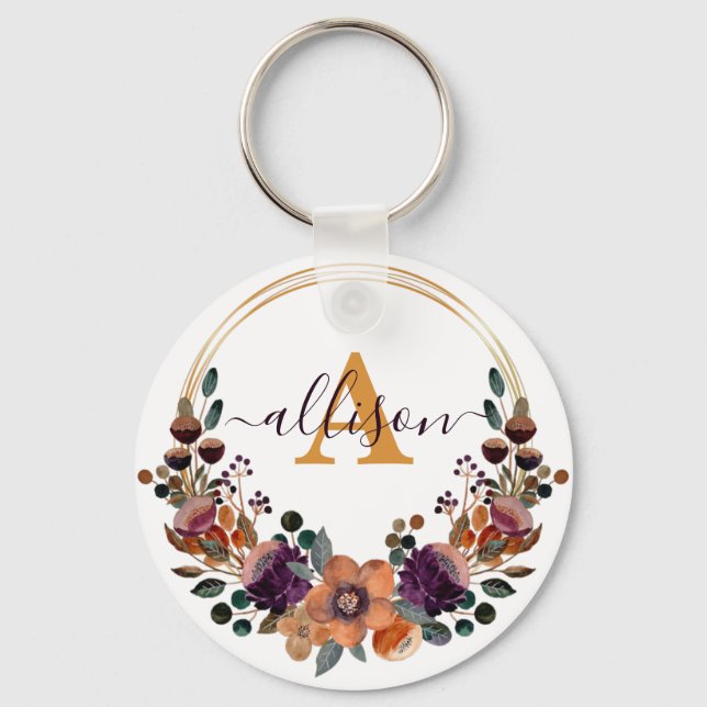 Personalisierter Rahmen aus Burgund und Goldflora Schlüsselanhänger (Vorderseite)