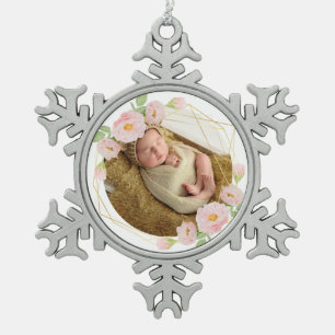 Personalisierter Rahmen für die Blume des Babys Schneeflocken Zinn-Ornament