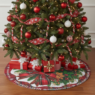 Personalisierter Red Tartan Karierter Weihnachtsba Leinenimitat Weihnachtsbaumdecke
