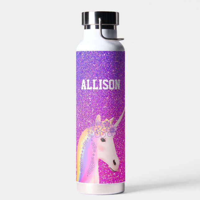 Personalisierter Regenbogen Einhorn Lila Glitzer K Trinkflasche (Links)