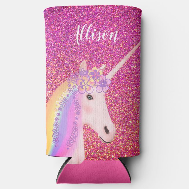 Personalisierter Regenbogen Einhorn Rosa Glitzer G Selters Dosenkühler (Vorderseite)