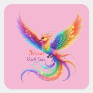 Personalisierter Regenbogen-Phönix-Namens-Geburtsd Quadratischer Aufkleber