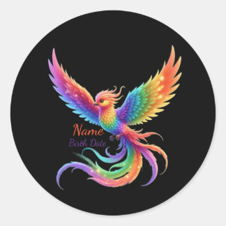 Personalisierter Regenbogen-Phönix-Namens-Geburtsd Runder Aufkleber