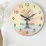 Personalisierter Regenbogenbaum Große Wanduhr<br><div class="desc">Diese farbenfrohe Wall Clock ist mit einem Mosaik-Stammbaum in den Farben des Regenbogens auf einem Aquarellgrund geschmückt. Einfach mit Ihrem Namen anpassbar. Weil wir unsere eigenen Kunstwerke erstellen,  werden Sie dieses exakte Bild von anderen Designern nicht finden. Original Mosaik und Wasserfarbe © Michele Davies.</div>