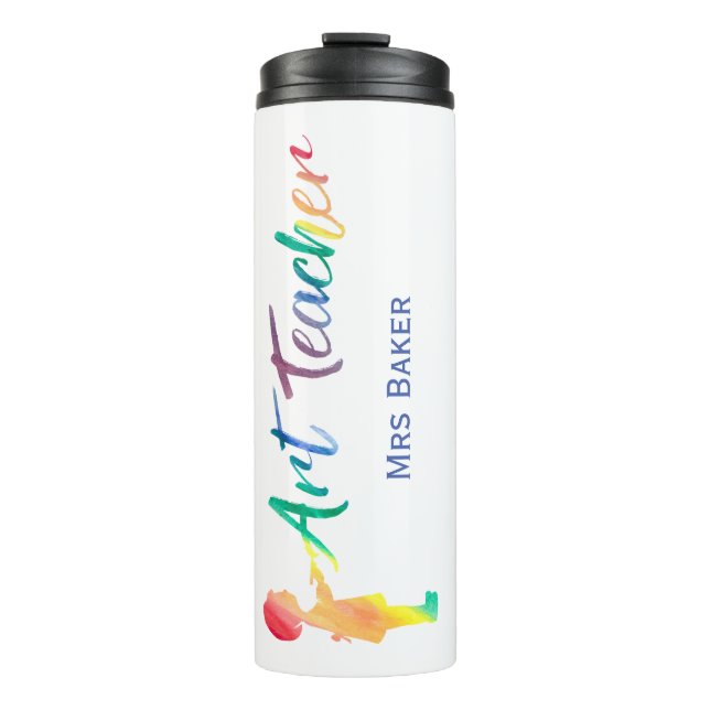 Personalisierter Regenbogenwatercolor-Kunstlehrer Thermosbecher (Vorderseite)